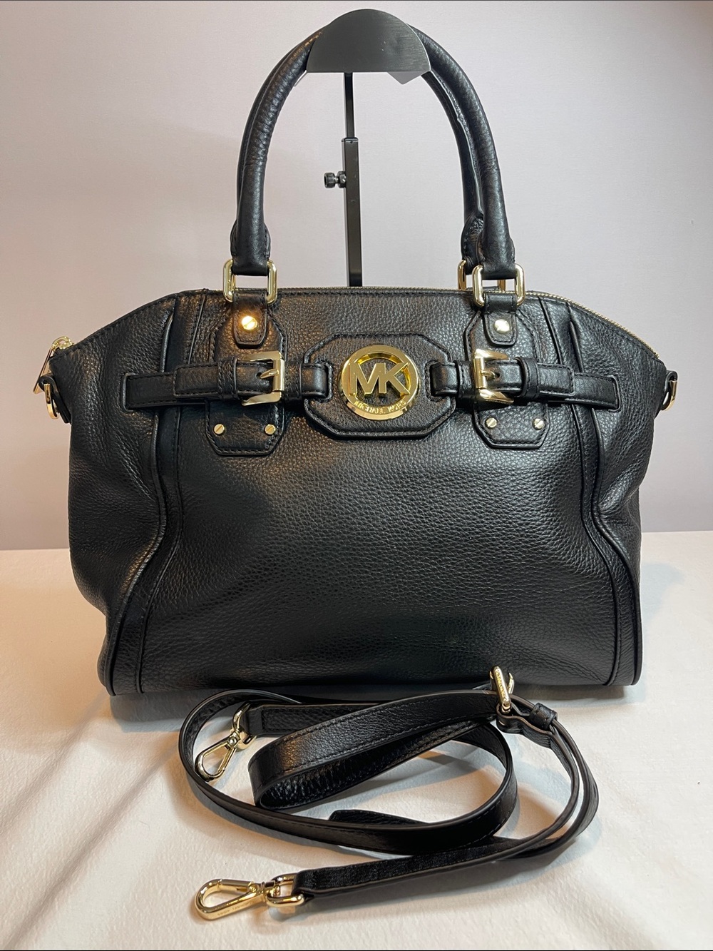 Michael Kors Hudson Black Soft Leather Belted Satchel Shoulder Bag